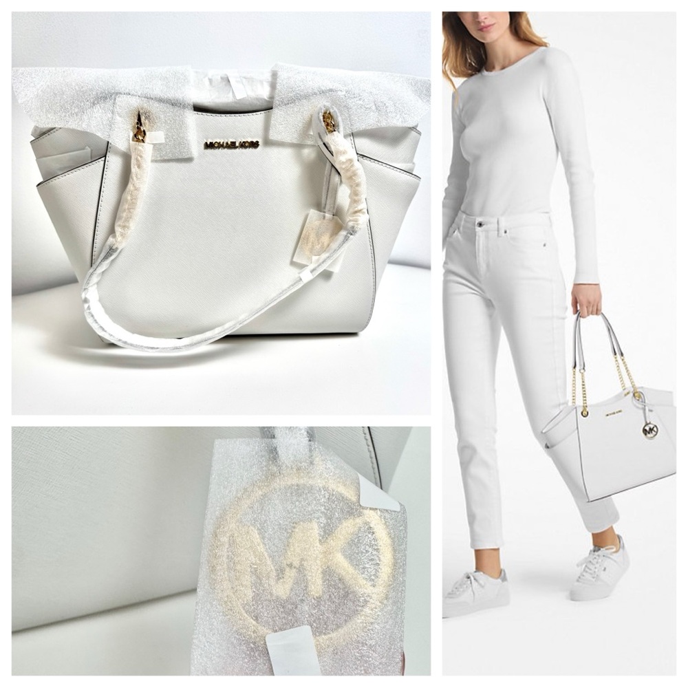 NWT Michael Kors Shoulder Bag Jet Set Large Saffiano Leather Optic White w Gold